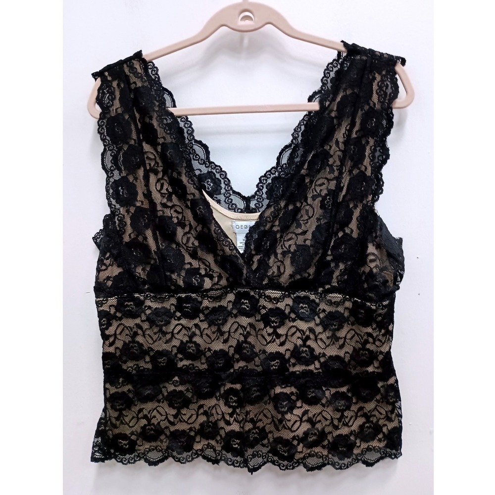 VTG Y2K George Lace Tank Top Womens XL Black Floral V-Neck Gothic Whimsygoth